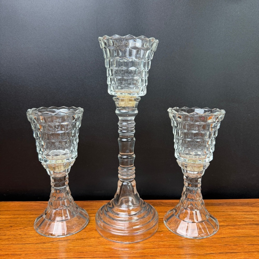 Homco Candle Holder Set Diamond Glass Clear 3pc Vintage Centerpiece SRO